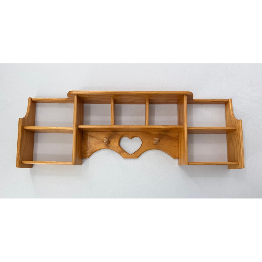 Vintage Wood Wall Shelf Heart Cutout 7 Cubby Pegs Cottagecore Display Rack